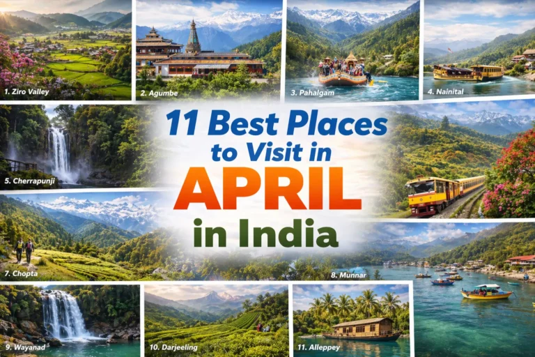 11 best places to visit in april in india travel collage featuring Ziro Valley, Agumbe, Pahalgam, Nainital and more scenic destinations