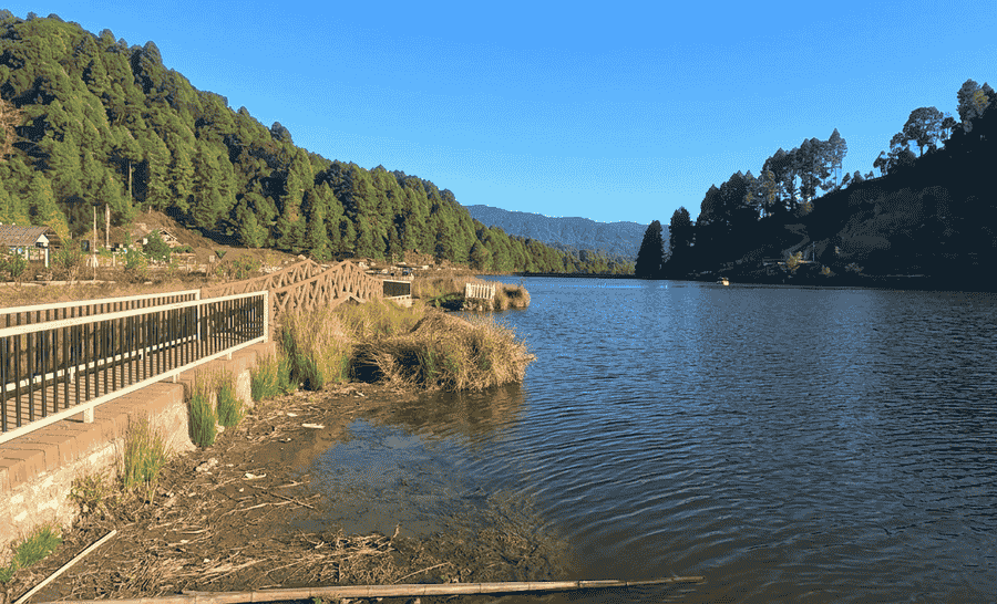 Calm lake in Ziro Valley reflecting blue sky and pine-covered hills, one of the 11 best places to visit in april in india