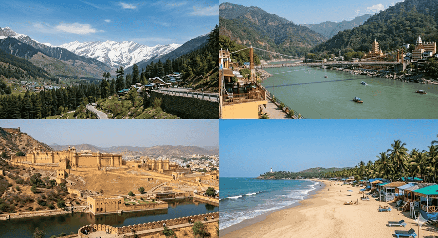 Four-part collage showing popular solo travel spots in India: Manali mountains, Rishikesh river and cafes, Jaipur forts, and Goa beaches.