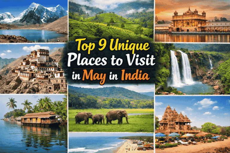Collage of top 9 unique places to visit in India in May 2026 including Munsiyari, Tirthan Valley, and Hampi.