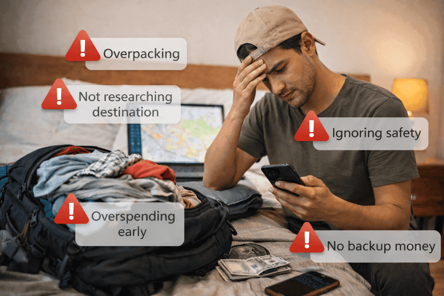common solo travel mistakes like overpacking overspending and poor planning for beginners