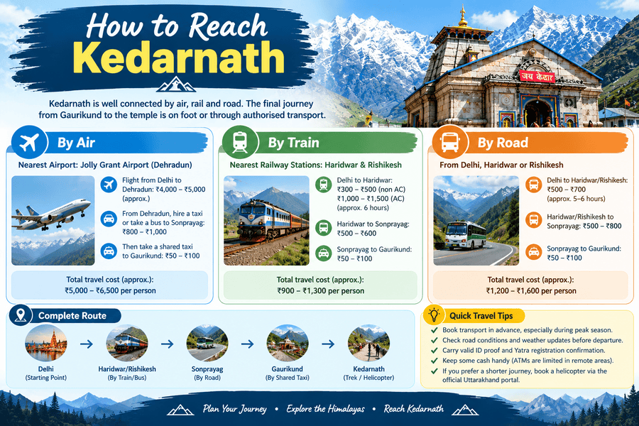 How to reach Kedarnath infographic showing air, train, and road travel routes from Delhi via Haridwar, Rishikesh, Sonprayag, and Gaurikund, with travel tips and the Kedarnath Temple.