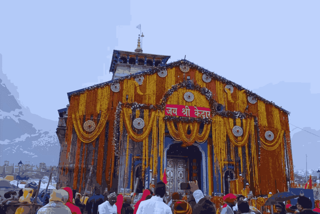 The decorated entrance of Kedarnath Temple with orange and yellow marigold garlands during the opening ceremony, a vital part of planning your Kedarnath trip budget.