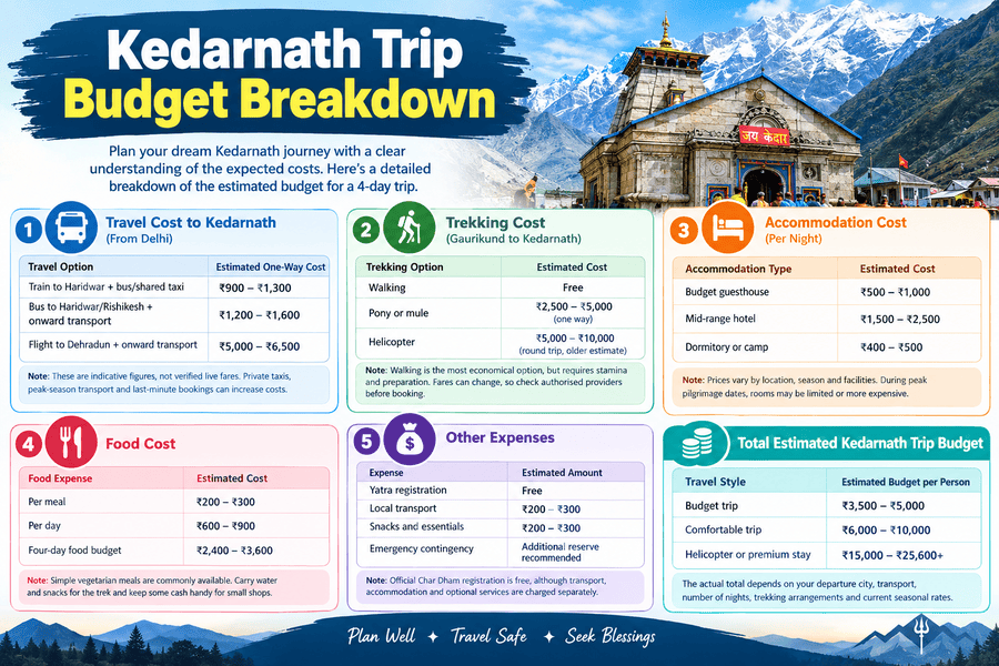 Kedarnath trip budget breakdown infographic showing travel, trekking, accommodation, food, and total trip costs for a 4-day Kedarnath pilgrimage.