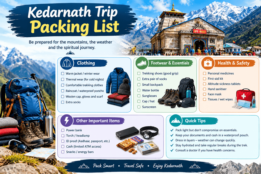 Kedarnath trip packing list infographic showing essential clothing, trekking shoes, medicines, safety gear, travel documents, and other items to pack for a Kedarnath pilgrimage.