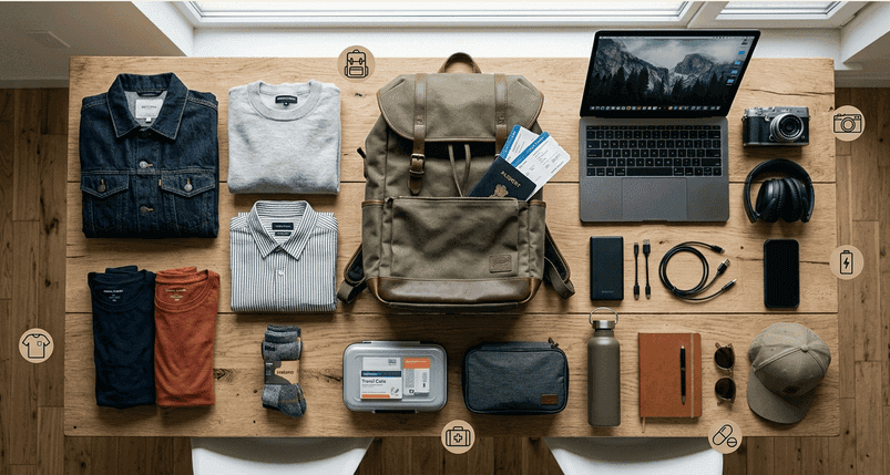 best travel apps for solo travelers using mobile navigation and booking appsA flat lay view of solo travel packing essentials including a backpack, folded clothes, laptop, power bank, camera, and travel documents on a wooden table.