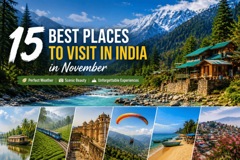 A comprehensive collage of diverse Indian landscapes representing the 15 best places to visit in November in India 2026, featuring mountains, beaches, and heritage sites.