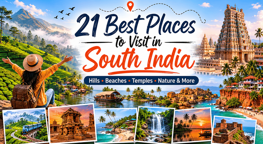 21 best places to visit in South India featuring Munnar tea gardens, Kerala backwaters, temples, beaches, waterfalls, and hill stations.