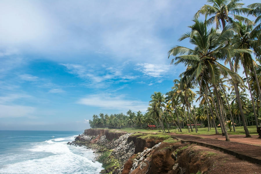 The iconic red cliffs and palm trees of Varkala Beach overlooking the crashing ocean waves, listed among the 21 best places to visit in south.