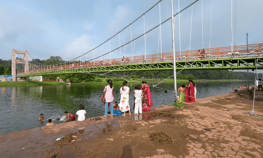 Scenic view of the suspension bridge in Amarkantak, one of the 19 best places to visit in December for a spiritual and nature-filled retreat.