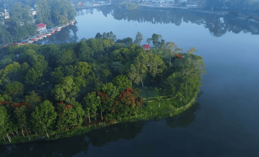 "Aerial view of Yercaud lake and island, one of the best places to visit in August in India 2026."