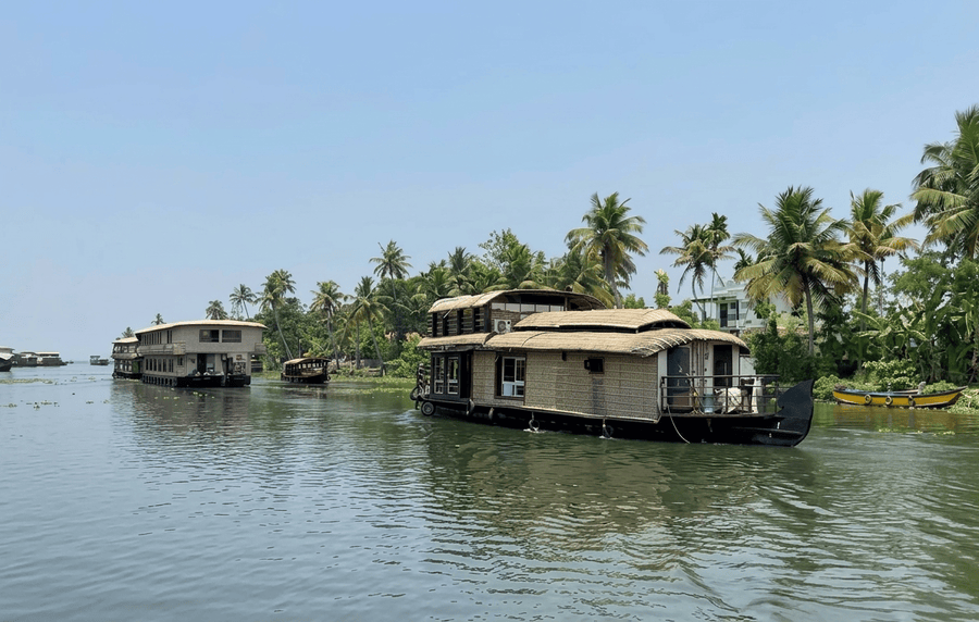 Traditional wooden thatched houseboats cruising along coconut tree-lined backwater canals in Alleppey, featured as one of the best places to visit in South India.