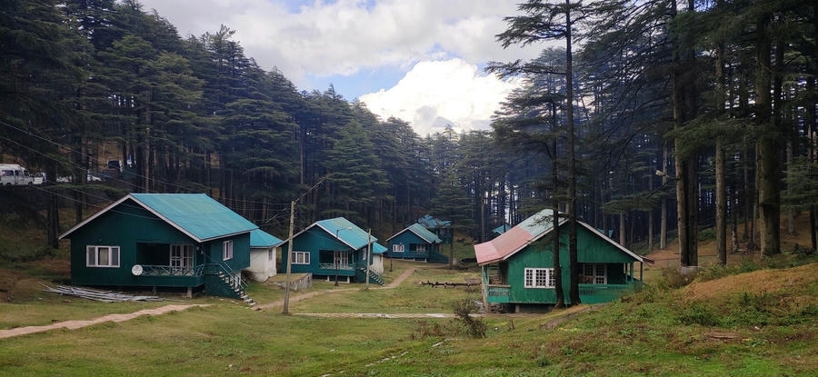 Scenic view of cozy green-roofed wooden huts surrounded by tall pine and deodar forests in Patnitop, Jammu, a featured location in our list of the 15 best places to visit in November in India 2026.