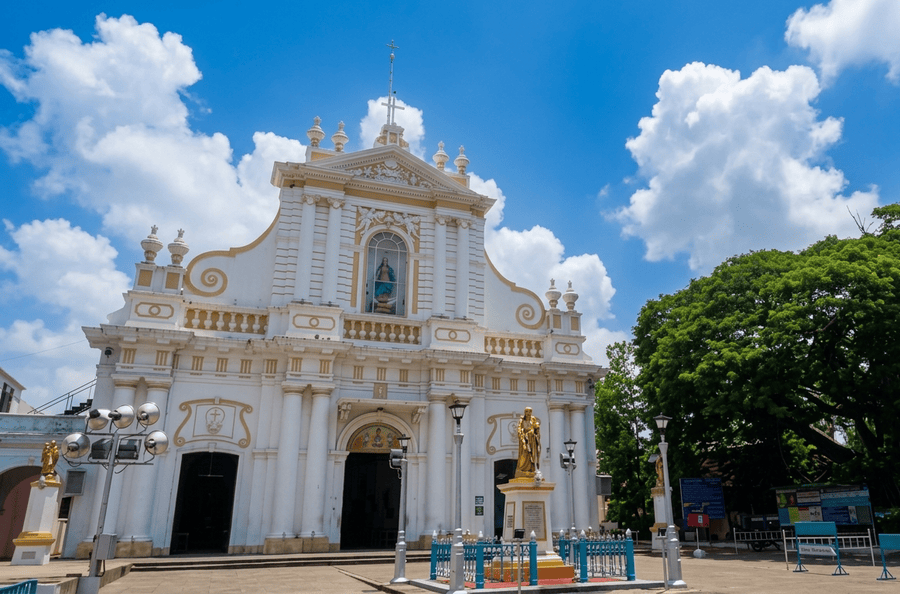 French colonial-style church architecture of the Cathedral of Our Lady of the Immaculate Conception in Pondicherry, highlighted among the best places to visit South India.
