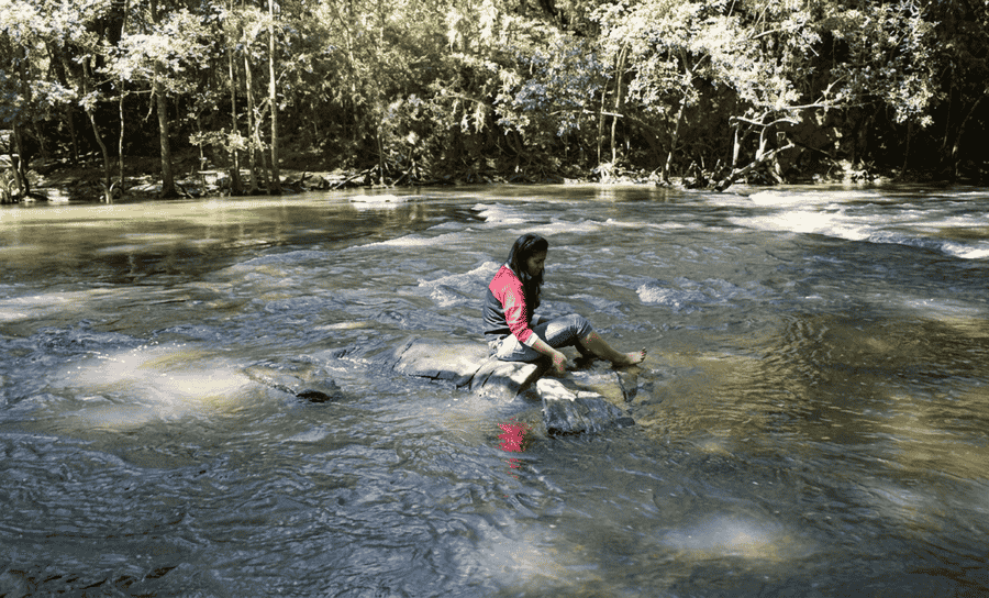 A high-resolution view of a person sitting on a rock in the middle of a flowing river at Nisargadhama in Coorg, surrounded by dense bamboo groves and forest foliage, featured as one of the 23 best places to visit in 2026.