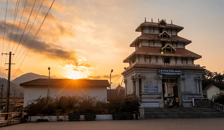 The holy temple shrine at Talacauvery at sunset, featured as one of the 23 best places to visit in Coorg in 2026.