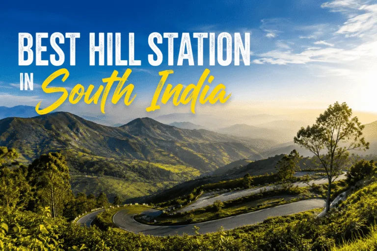 Featured hero banner with text reading Best Hill Station in South India showing winding hair-pin mountain roads surrounded by green tea slopes at sunset, 2026.