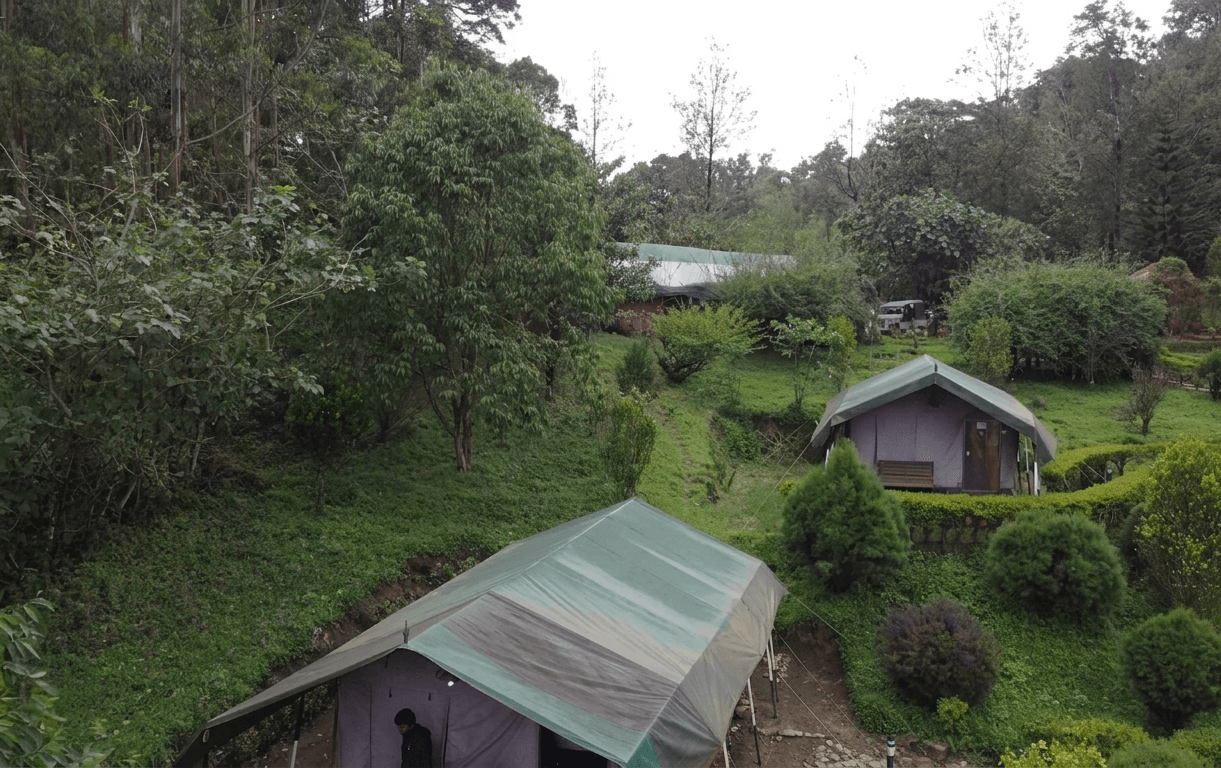 Panoramic high-altitude mountain peak camping ground with small huts and tents in Munnar.