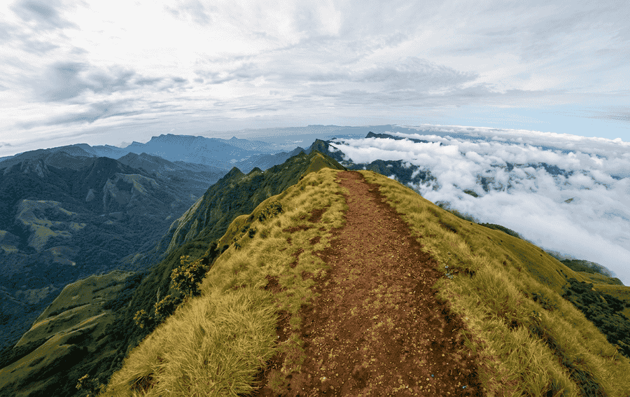 Scenic mountain trail on the trek to Meesapulimala Peak surrounded by lush green hills and clouds near Munnar.