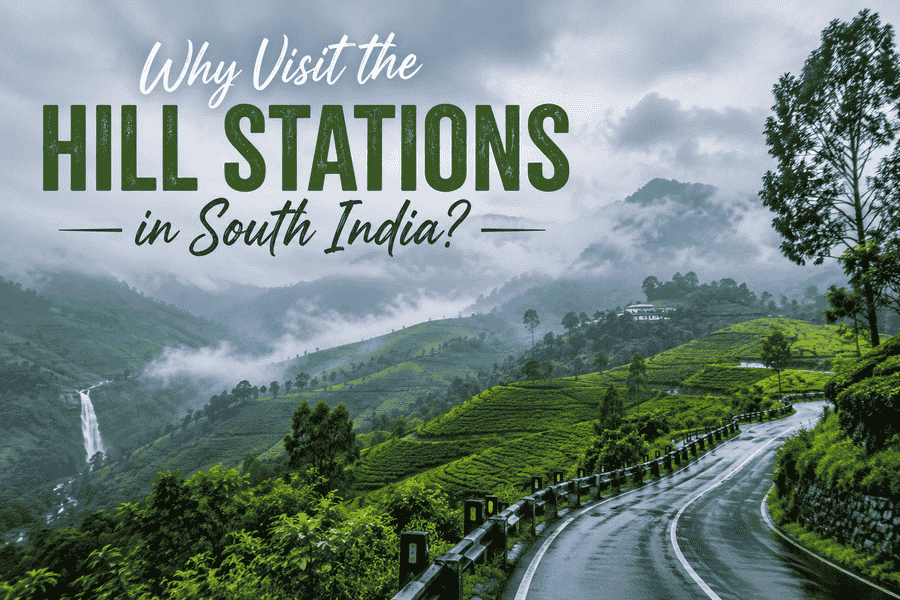 Section graphic with text reading Why Visit the Hill Stations in South India featuring a misty road winding through green tea estates and waterfalls, 2026.