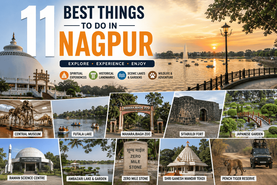 11 Best Things to Do in Nagpur featuring Futala Lake, Deekshabhoomi, Sitabuldi Fort, gardens, and Pench Tiger Reserve
