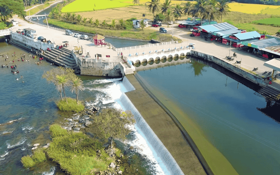 Aerial drone view of the cascading check dam at Balmuri Falls near Mysore, featured among the top 19 best places to visit in Mysore