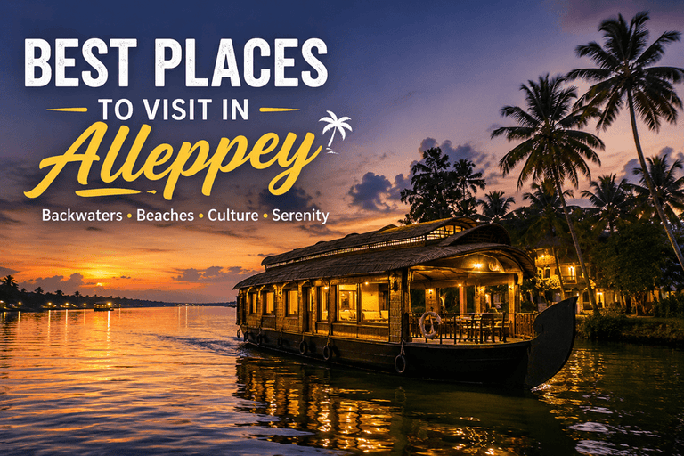 “Best Places to Visit in Alleppey featuring houseboat backwaters evening view with warm lights in Kerala”