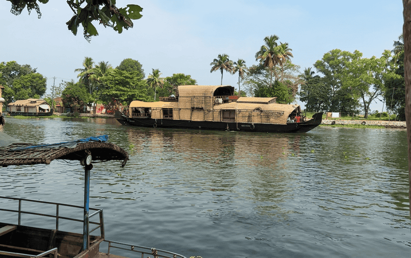 A classic view of traditional houseboats cruising on the scenic backwaters, illustrating why this is one of the Best Places to Visit in Alleppey, Kerala.