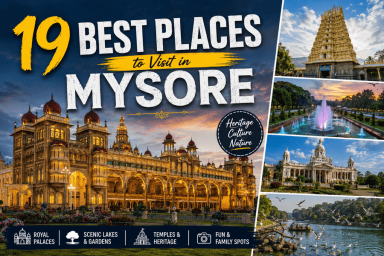Best Places to Visit in Mysore featuring Mysore Palace, Chamundi Hills, Brindavan Gardens, and the city's iconic attractions