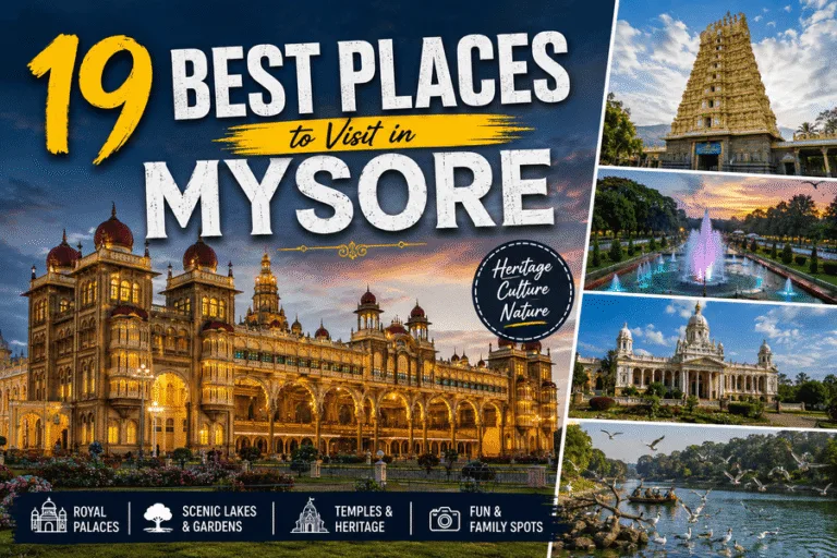 Best Places to Visit in Mysore featuring Mysore Palace, Chamundi Hills, Brindavan Gardens, and the city's iconic attractions