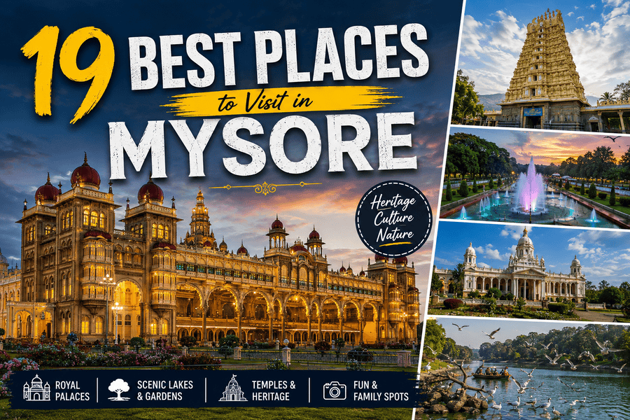 Best Places to Visit in Mysore featuring Mysore Palace, Chamundi Hills, Brindavan Gardens, and the city's iconic attractions