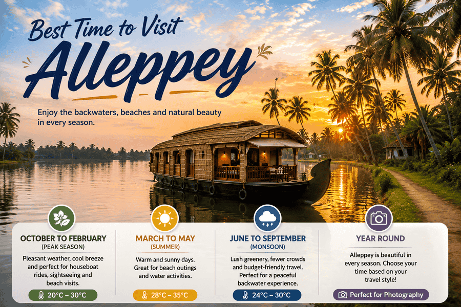 “Best time to visit Alleppey with seasonal backwaters views and top places like Mullakkal Rajarajeswari Temple in Kerala