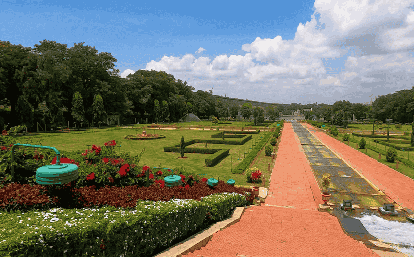 Symmetrical terraced lawns and water channels of Brindavan Gardens, featured among the 19 best places to visit in Mysore.