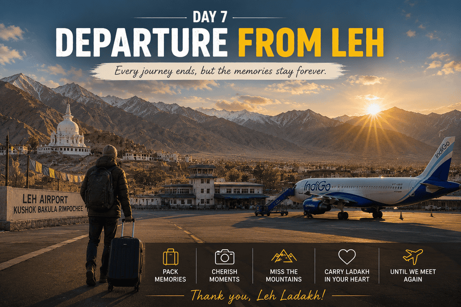 Departure from Leh — traveler at Leh airport with Shanti Stupa, mountains, and airplane at sunrise | Leh Ladakh itinerary