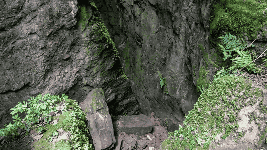 A scenic view of Devil's Kitchen (Guna Caves), one of the best places to visit in Kodaikanal, showing a deep, misty rock chasm covered in lush green moss and ferns, with large boulders at the entrance.