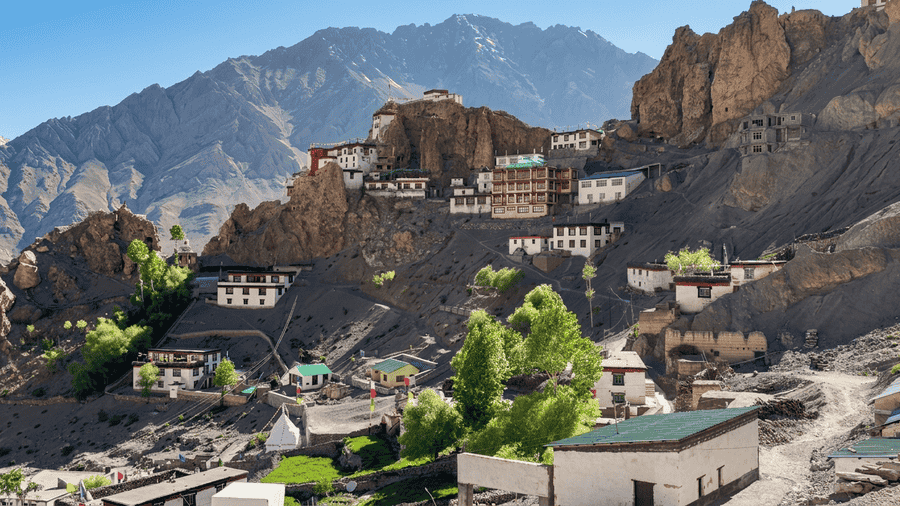 Traditional houses and cliffside monastery in Dhankar Village, a key stop on a Spiti Itinerary for 3 Days.