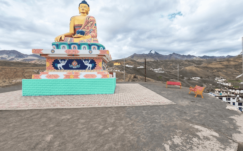The massive golden Buddha statue of Langza Village watching over the valley, a top stop on our Spiti Itinerary for 3 Days.