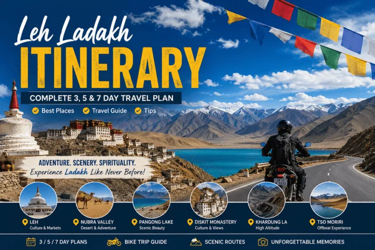 Leh Ladakh itinerary featuring Pangong Lake, Nubra Valley, monasteries, mountain roads, and scenic Himalayan landscapes