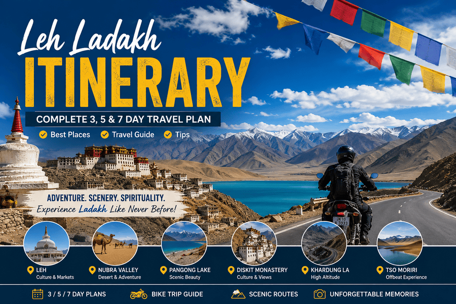Leh Ladakh itinerary featuring Pangong Lake, Nubra Valley, monasteries, mountain roads, and scenic Himalayan landscapes