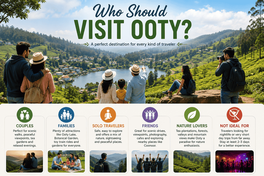 Ooty itinerary showing couples, families, solo travelers and nature lovers enjoying scenic Ooty hills and lake vie