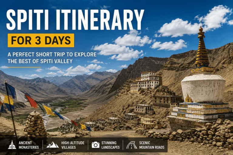 Spiti Itinerary for 3 Days featuring Kaza, Key Monastery, high-altitude villages, and scenic Himalayan landscapes