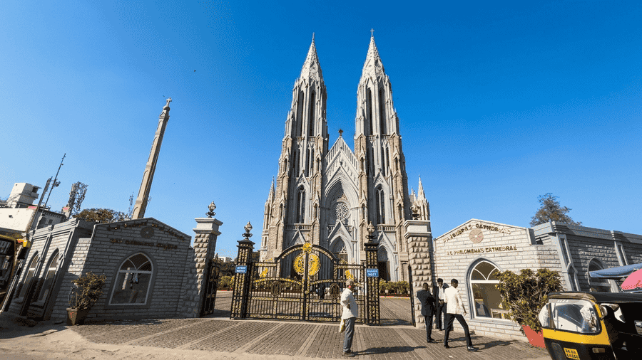 view of the majestic Neo-Gothic twin spires of St. Philomena's Cathedral, featured among the top 19 best places to visit in Mysore.