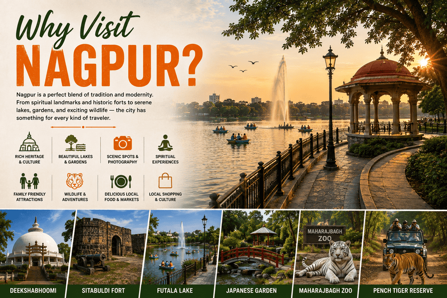 Why Visit Nagpur featuring scenic lakes, gardens, heritage, wildlife, spirituality, and local attractions