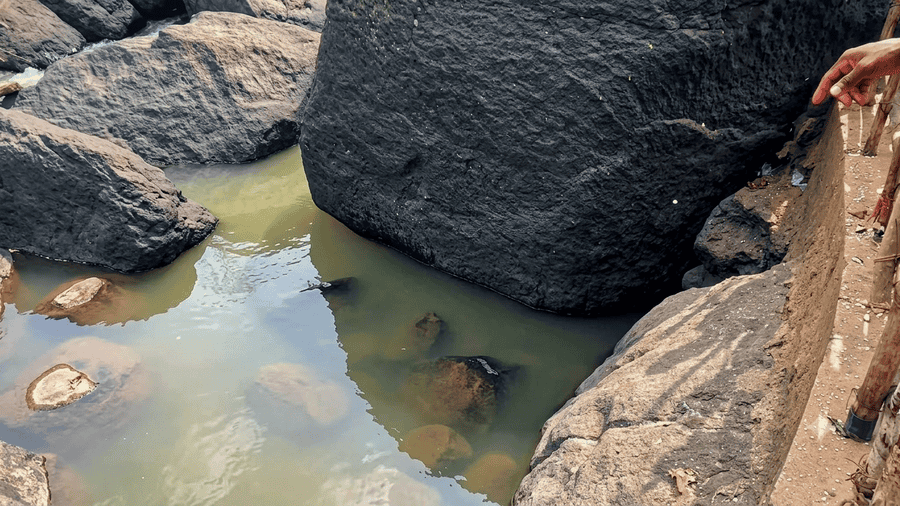 A close-up view of the clear, greenish water and rocky formations at Matsyagundam, one of the best places to visit Araku Valley.