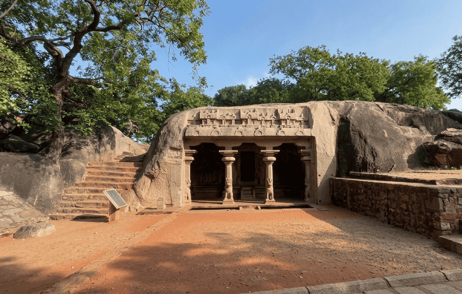 A detailed exterior view of the Varaha Cave Temple, a magnificent 7th-century rock-cut structure and one of the best places to visit in Mahabalipuram.
