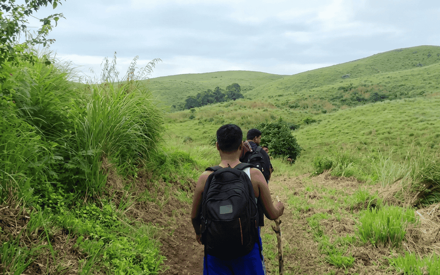Trekkers with backpacks walking along a dirt trail through rolling green grass hills at Pullumedu, featured as one of the best places to visit in Thekkady.