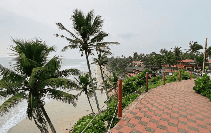 A scenic view from the Varkala cliff walk looking down at Black Sand Beach and the Arabian Sea, one of the best places to visit in Varkala.