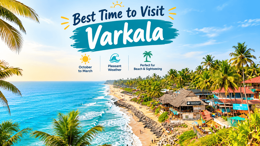 Best time to visit Varkala with beach view, palm trees and coastal cliff scenery