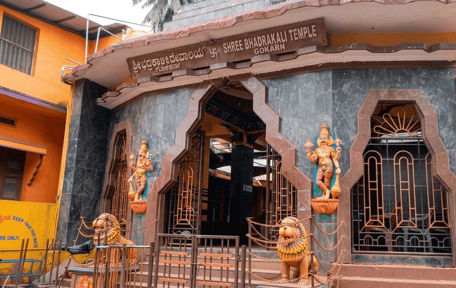 Scenic view of the intricate stone carving and lion statues at Bhadrakali Temple – best places to visit Gokarna.