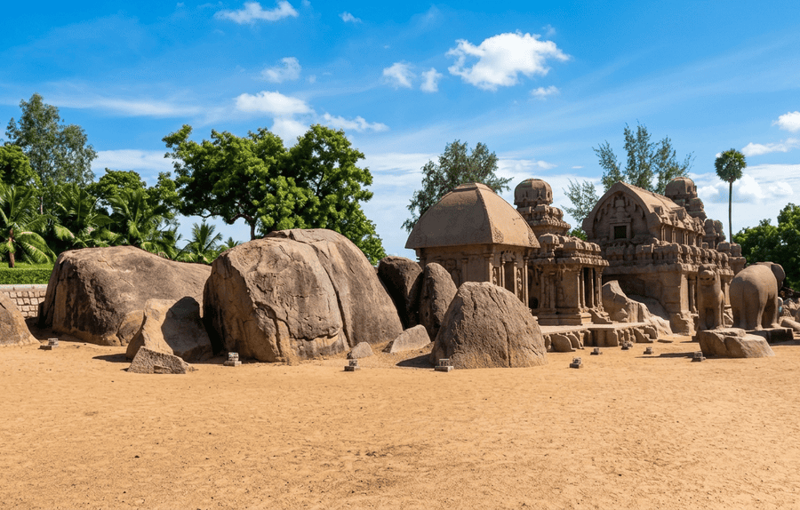 Intricately carved stone temples and monolithic animal sculptures at Pancha Rathas, featured prominently as one of the best places to visit Mahabalipuram.